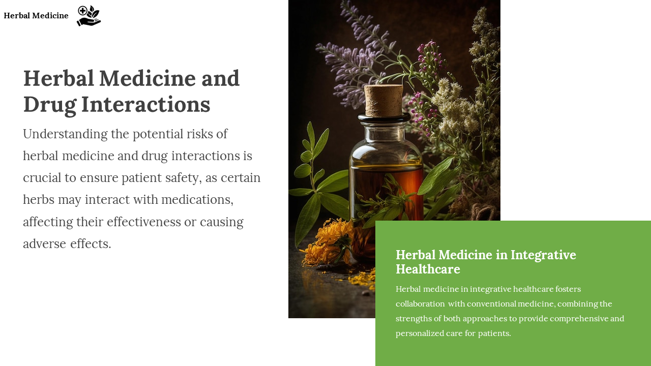Herbal Medicine and Drug Interactions with a bottle of herbal oil and surrounding plants on a white backdrop.