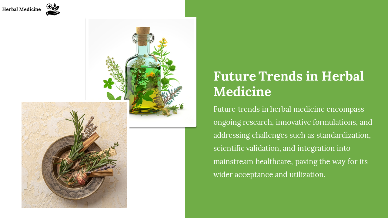 Future Trends in Herbal Medicine with a bottle of herbal extract and sprigs of herbs, on a white and green backdrop.