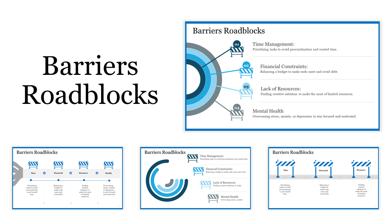 Slides on barriers and roadblocks, featuring categories like time management, financial constraints, and mental health.