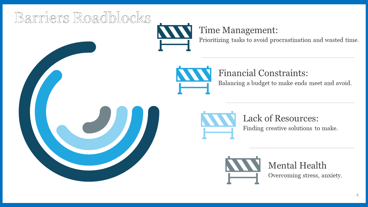 Barriers Roadblocks slide shows a visual with curved lines and barrier icons in blue and grey on a white backdrop.