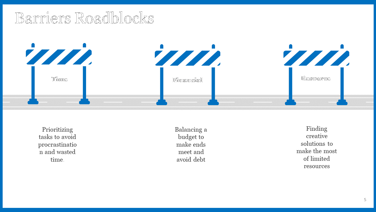 Barriers Roadblocks slide showing three barriers Time, Financial, and Resource, each with corresponding descriptions.
