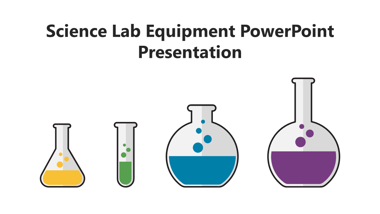 Science Lab Equipment Presentation featuring four laboratory glassware icons filled with different colored liquids.