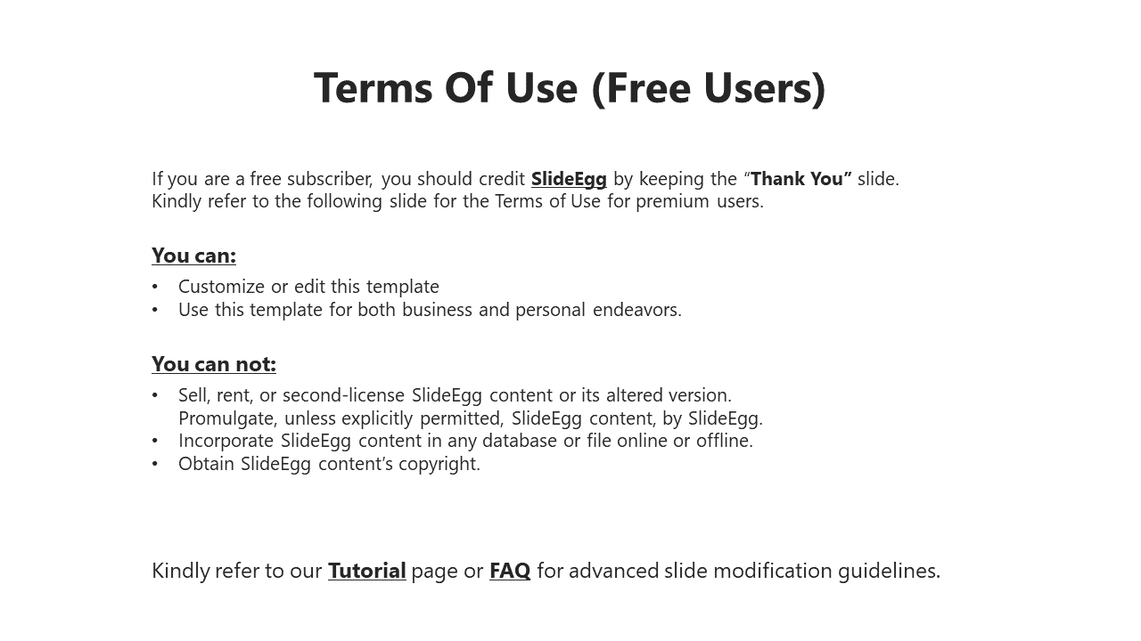 Terms of use slide for free users of SlideEgg, outlining the permissions for editing templates on a white backdrop.
