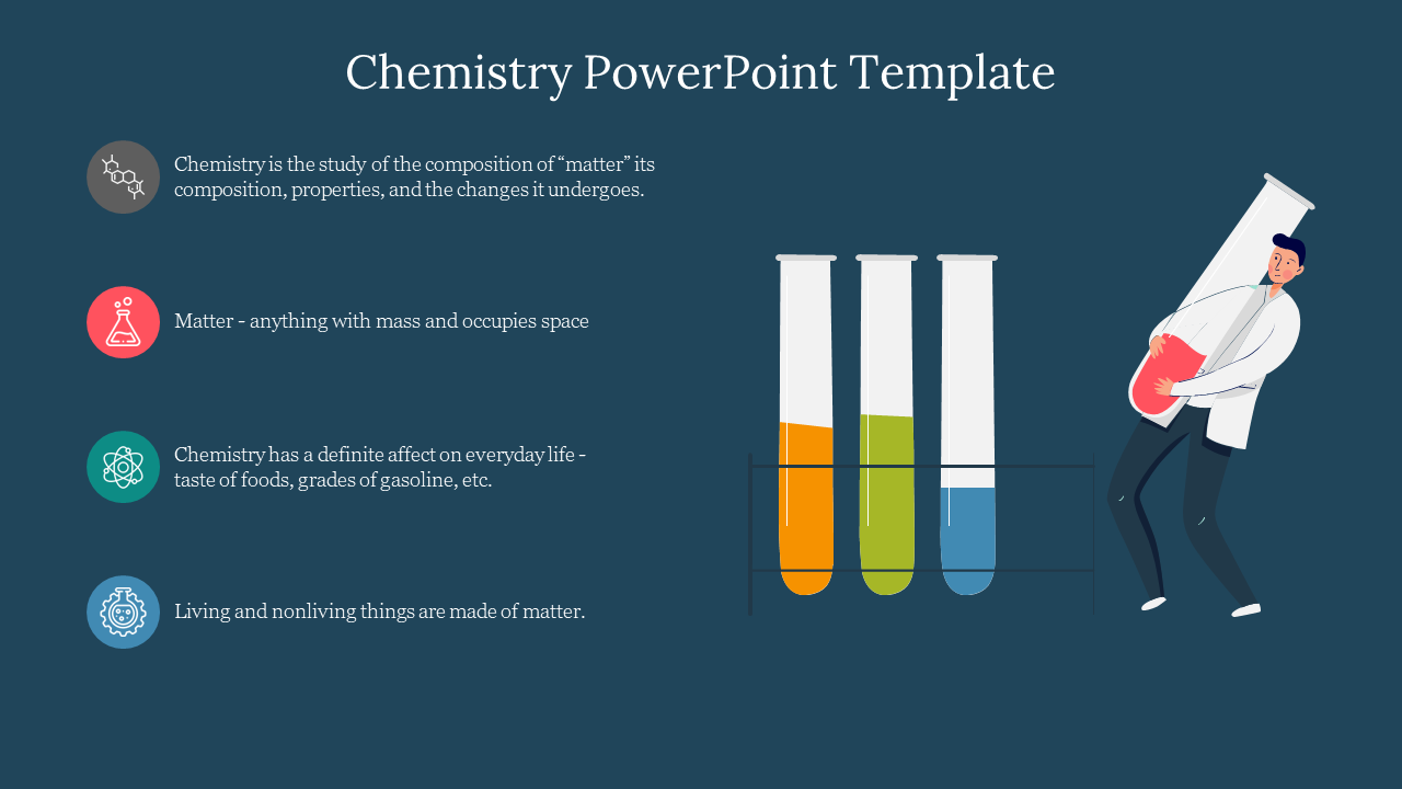 Chemistry PPT template with a scientist carrying a large flask and test tubes, highlighting key points on a green backdrop.