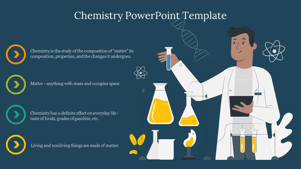 Chemistry PowerPoint template with a scientist holding a flask, featuring key points on a green backdrop.