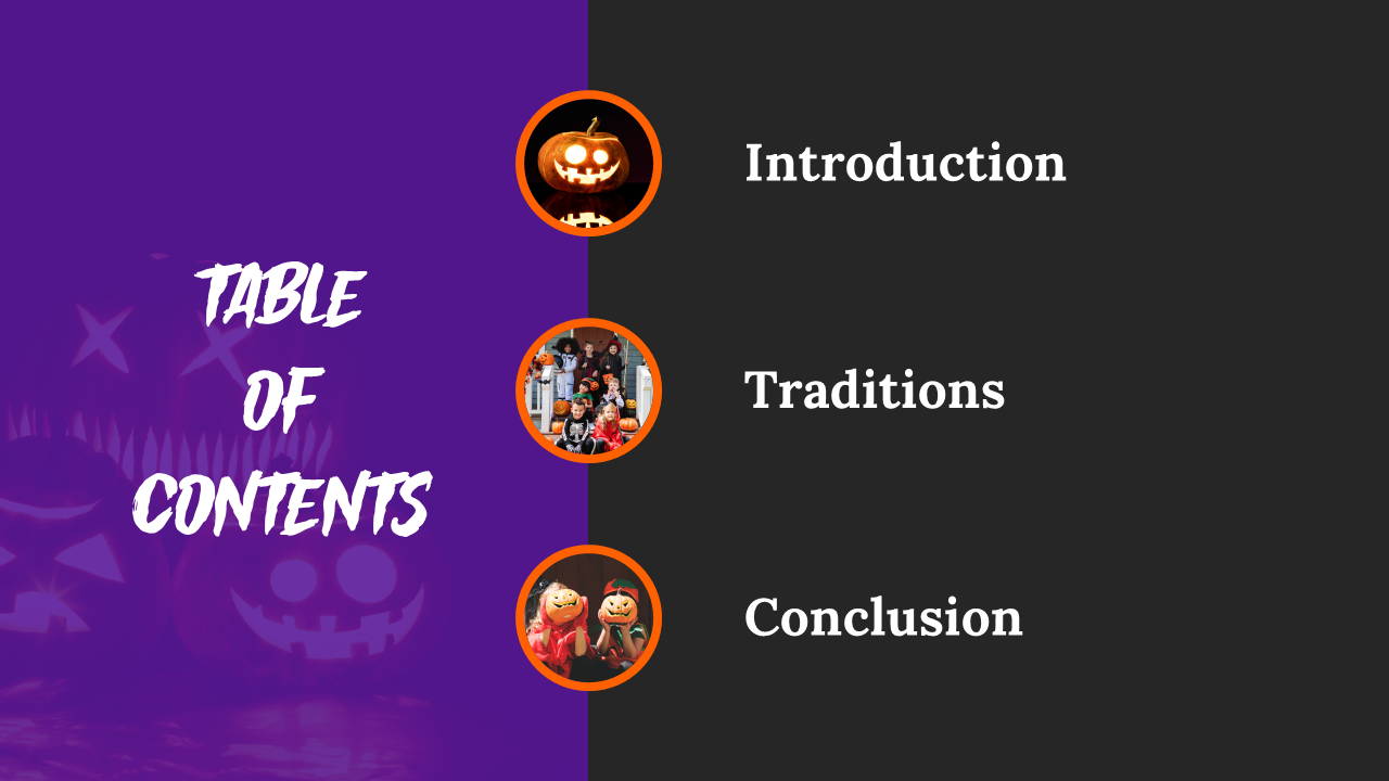 Halloween table of contents slide with orange and purple design, featuring sections for with halloween themed images.