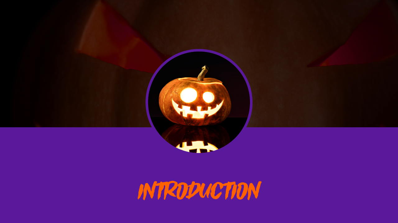 Halloween introduction slide with a glowing pumpkin and a purple background, featuring spooky text in an orange font.