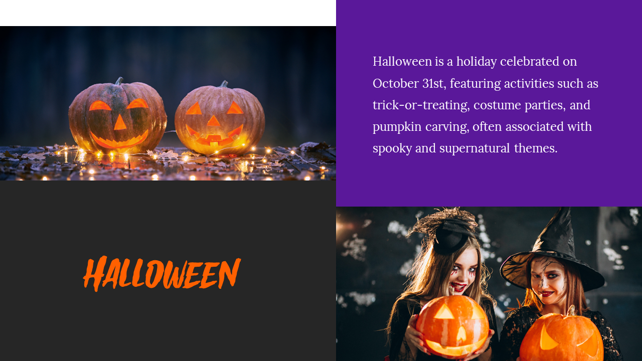 Slide with glowing pumpkins and a description of Halloween celebrations, including costume parties, and spooky themes.