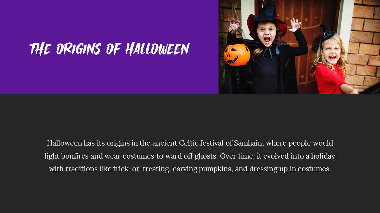 Origins of Halloween slide with children in costumes and pumpkins, describing Halloween's evolution on a black and purple.