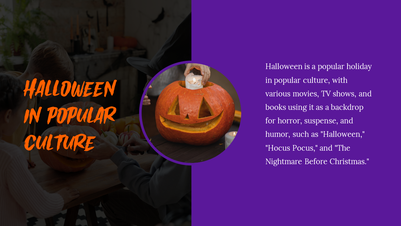 Halloween in popular culture slide with children carving a pumpkin, featuring text about Halloween’s depiction.