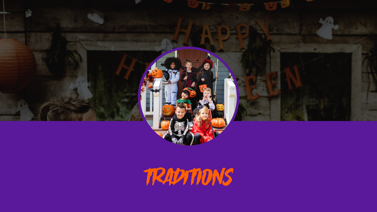 Halloween traditions slide with a group of children dressed in costumes, standing in front of a house with decorations.