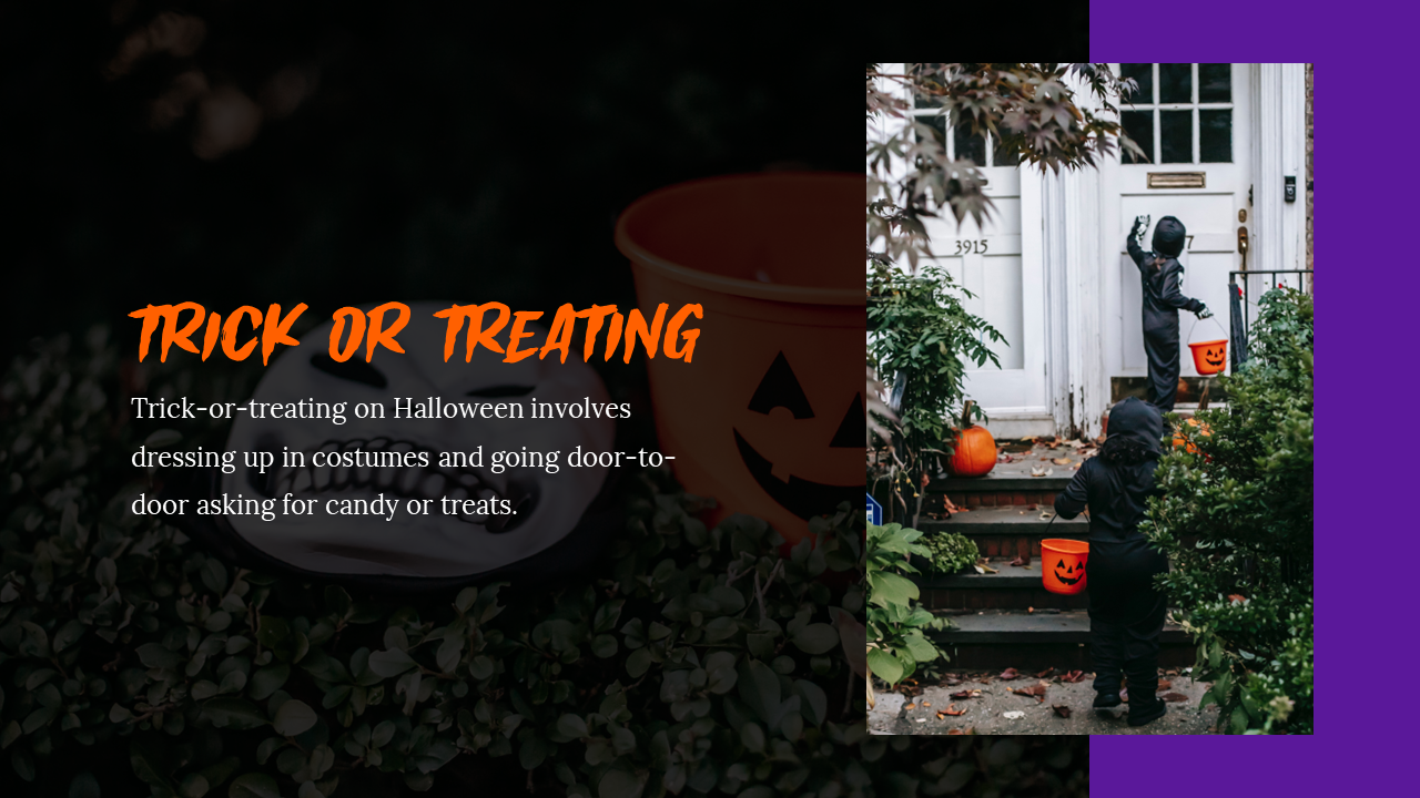 Halloween trick or treating slide with children in costume holding pumpkin shaped buckets collecting candy at decorated home.