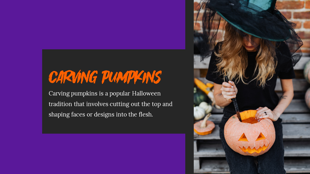 Slide shows a woman carving a jack o lantern with text explaining the tradition of cutting out pumpkin designs for Halloween.