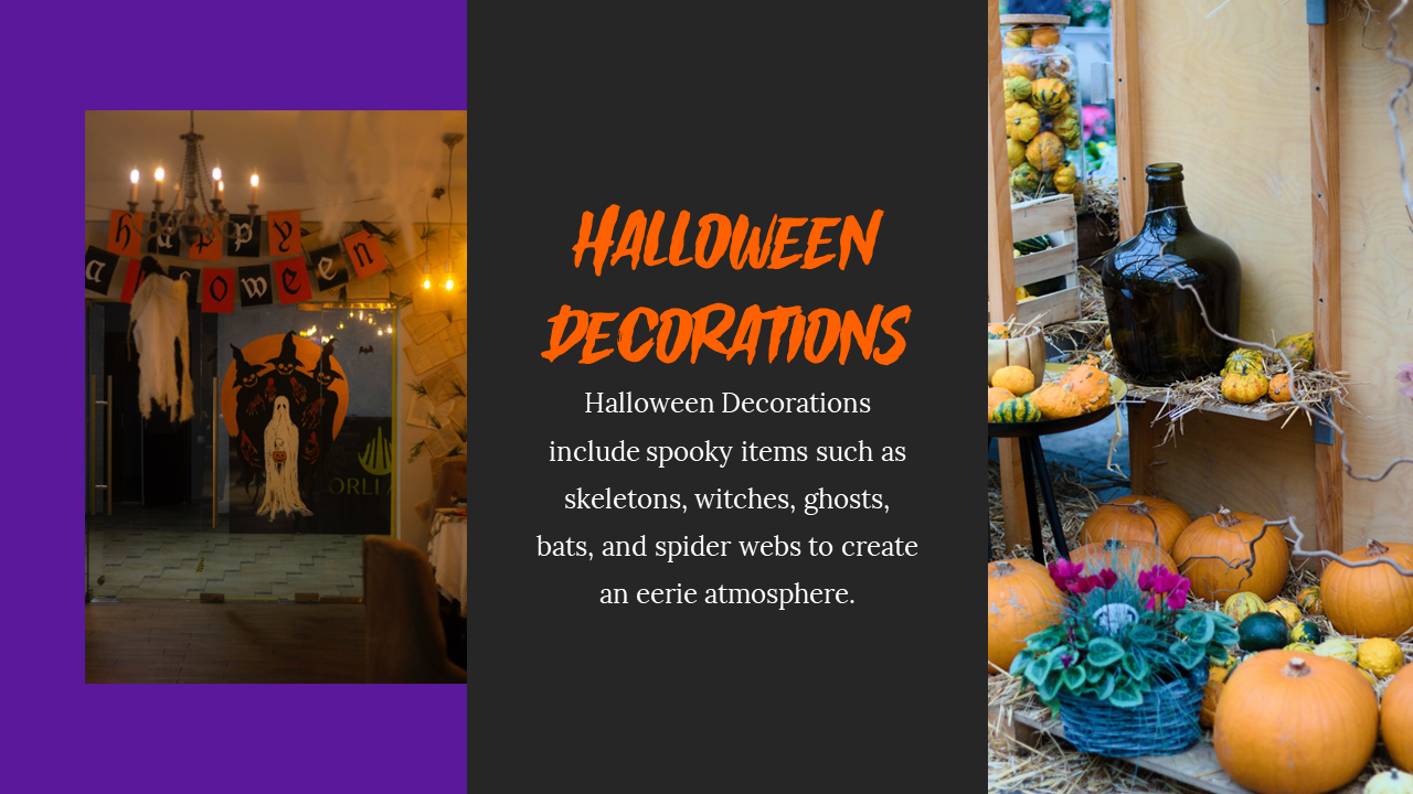 Halloween decorations slide with images of spooky items like ghosts, pumpkins, and descriptions in purple and black.