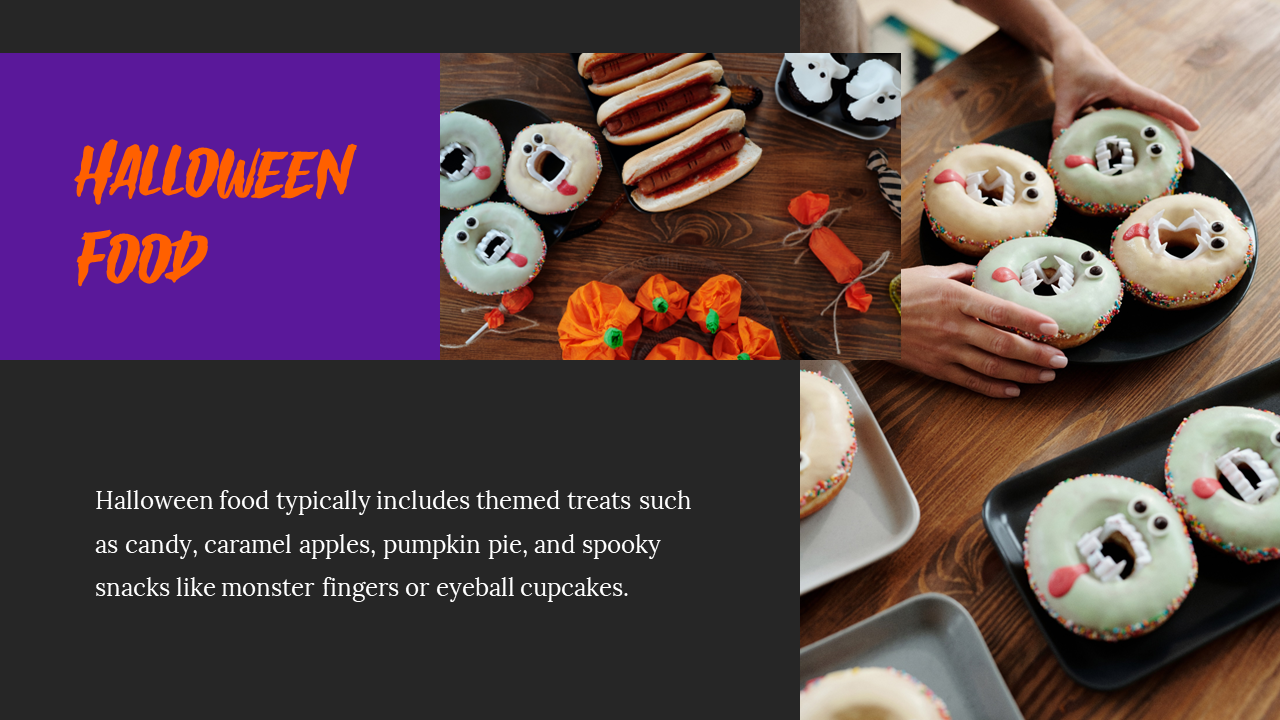 Slide featuring Halloween themed treats, such as monster donuts, candy, and spooky snacks, with a description.