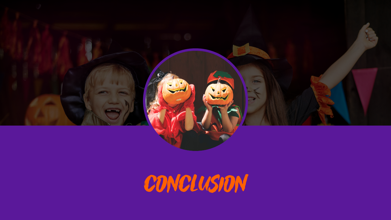 Slide with Halloween themed conclusion, showing children in costumes with carved pumpkins on a purple.
