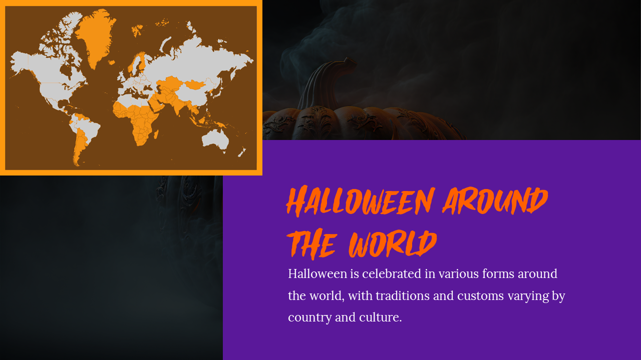 World map showing countries where Halloween is celebrated, with regions in orange highlighting global observance.
