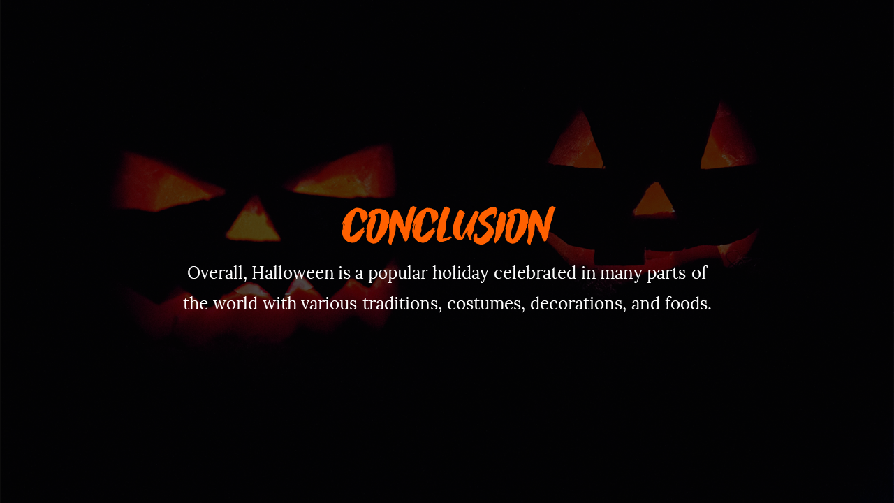 Halloween themed pumpkin faces glowing in the dark, with a conclusion text about the holiday's global popularity.