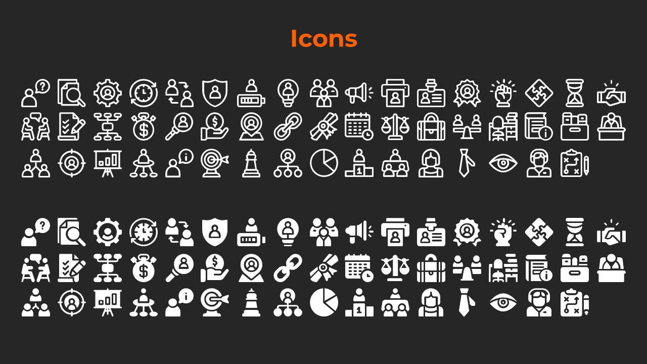 A collection of business related icons such as people, analysis, calendar, and strategy icons on a black backdrop.