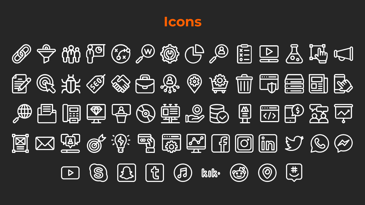 Various business and technology icons, including search, analysis, social media, and communication tools on a white theme.
