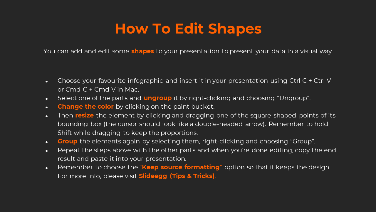 A guide on how to edit shapes in PowerPoint, showing steps like ungrouping, resizing, and changing the color of elements.