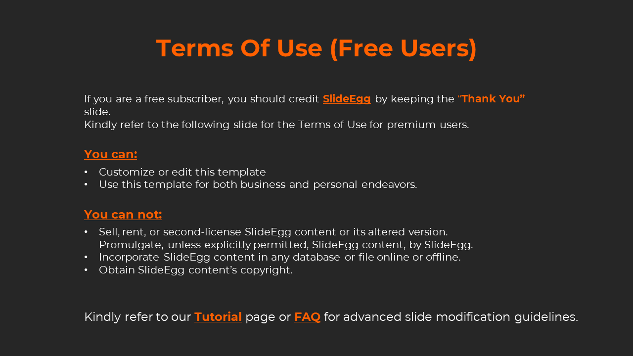 Terms of use for free users of SlideEgg, outlining customization rights and restrictions for templates on a black backdrop.
