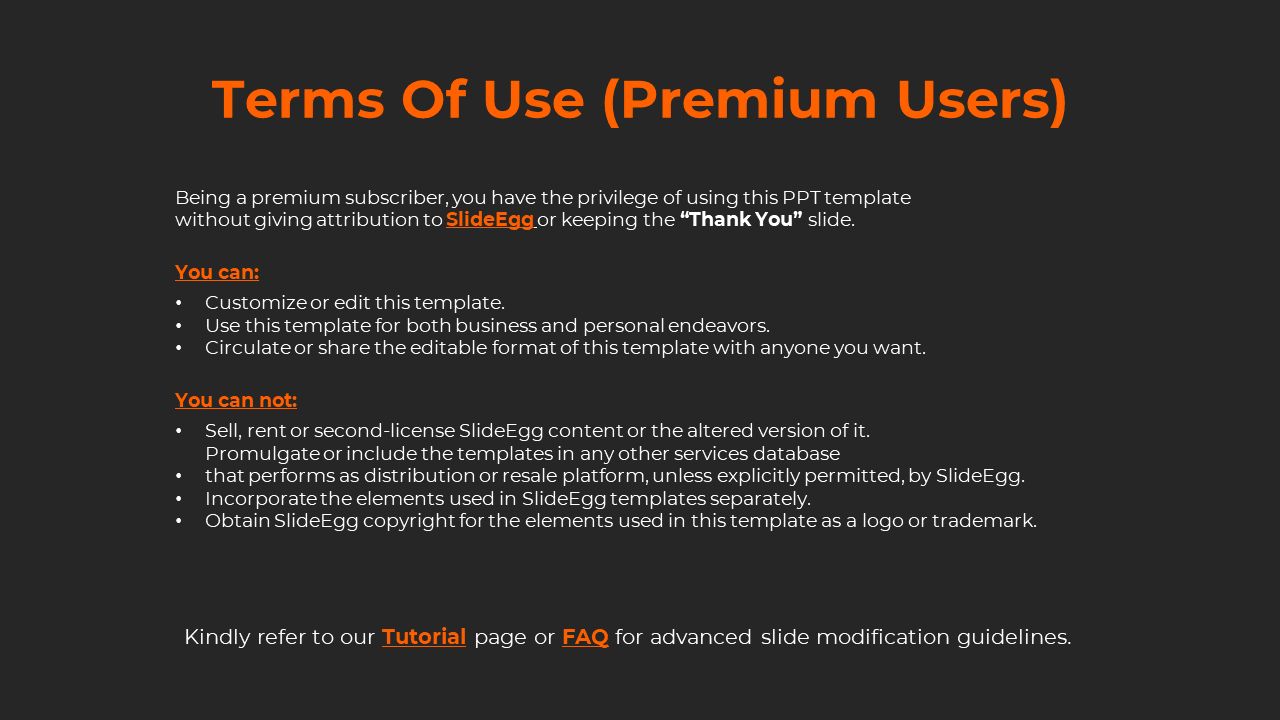 Premium user terms for SlideEgg, allowing customization, sharing, and editing without attribution on a black backdrop.