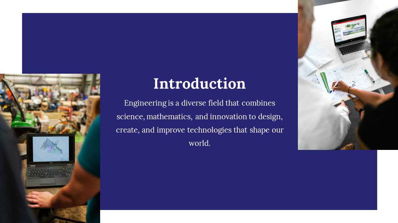 Introduction slide with a engineering design features blueprints and a laptop displaying architectural plans on a blue theme.