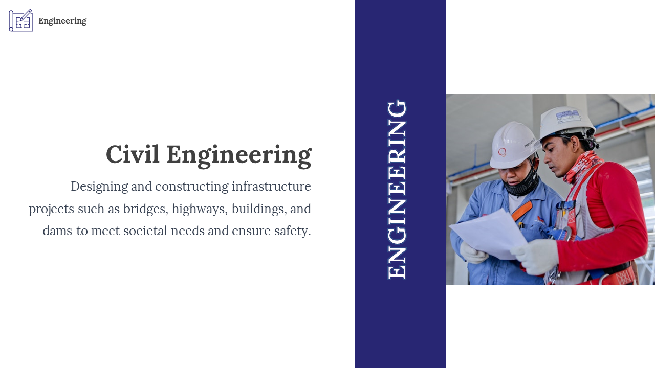 Civil engineering slide featuring workers in helmets reviewing plans for building bridges and highways to ensure safety.