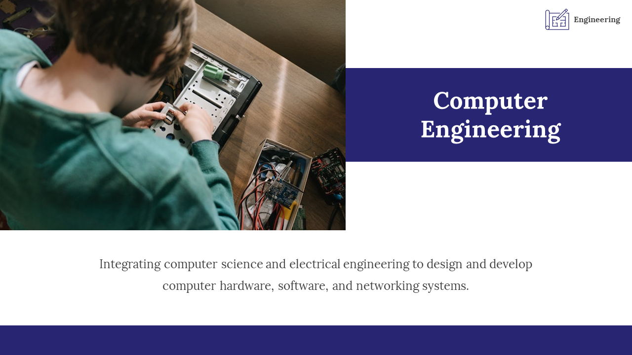 Individual working on computer components, illustrating the field of computer engineering on a white and blue theme.
