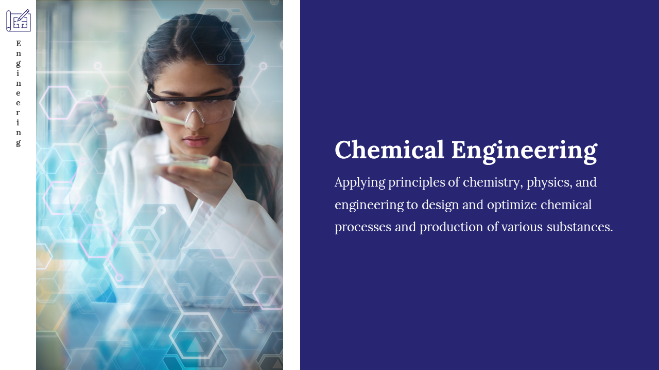 Scientist in a lab coat conducting chemical experiments, illustrating the principles of chemical engineering on a blue theme.