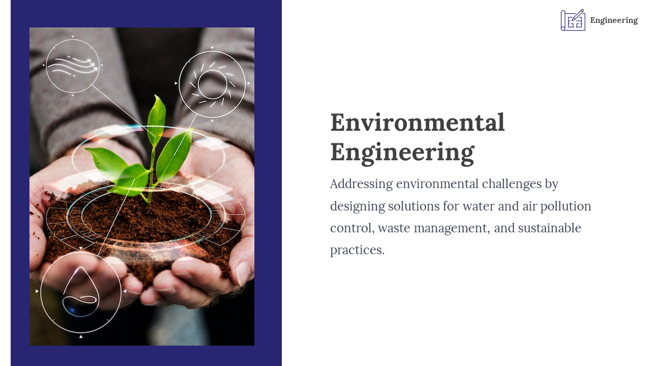 Hands holding a plant with digital icons, symbolizing sustainable practices in environmental engineering on a white backdrop.