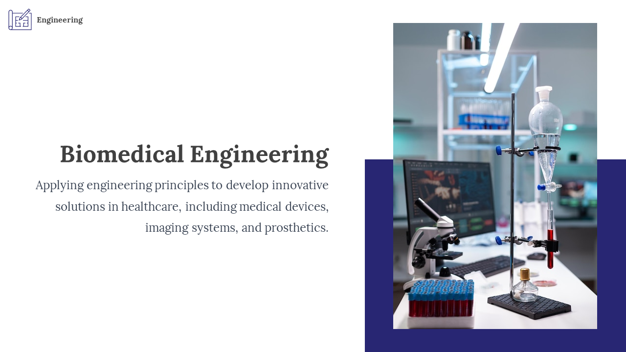 Biomedical engineering at work in a laboratory, developing solutions like medical devices, imaging systems, and prosthetics.