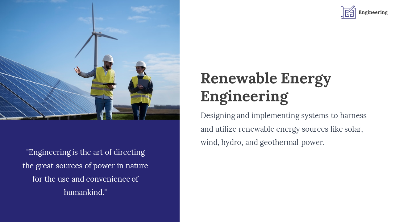 Engineers working together to implement renewable energy systems, with wind turbines and solar panels in the background.