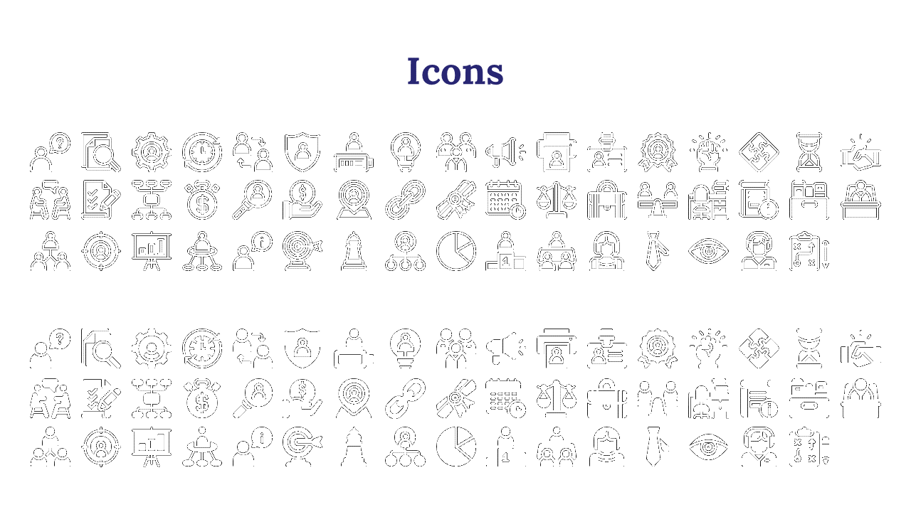 Set of black and white icons including charts, people, documents, and symbols for technology and communication.