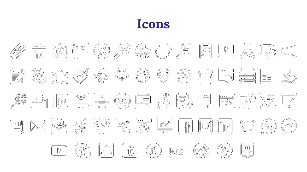 Set of icons representing various concepts such as social media, data analytics, and web tools in black and white.