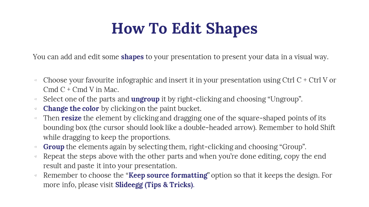 Instructions on how to edit shapes in a presentation, including steps to ungroup, change color, resize, and group elements.