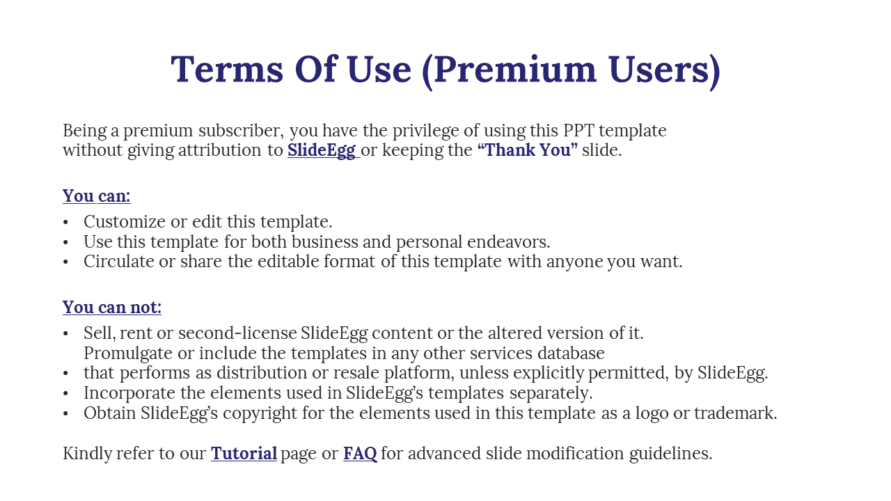 Terms of use for premium SlideEgg subscribers, detailing customization rights, sharing privileges, and restrictions.
