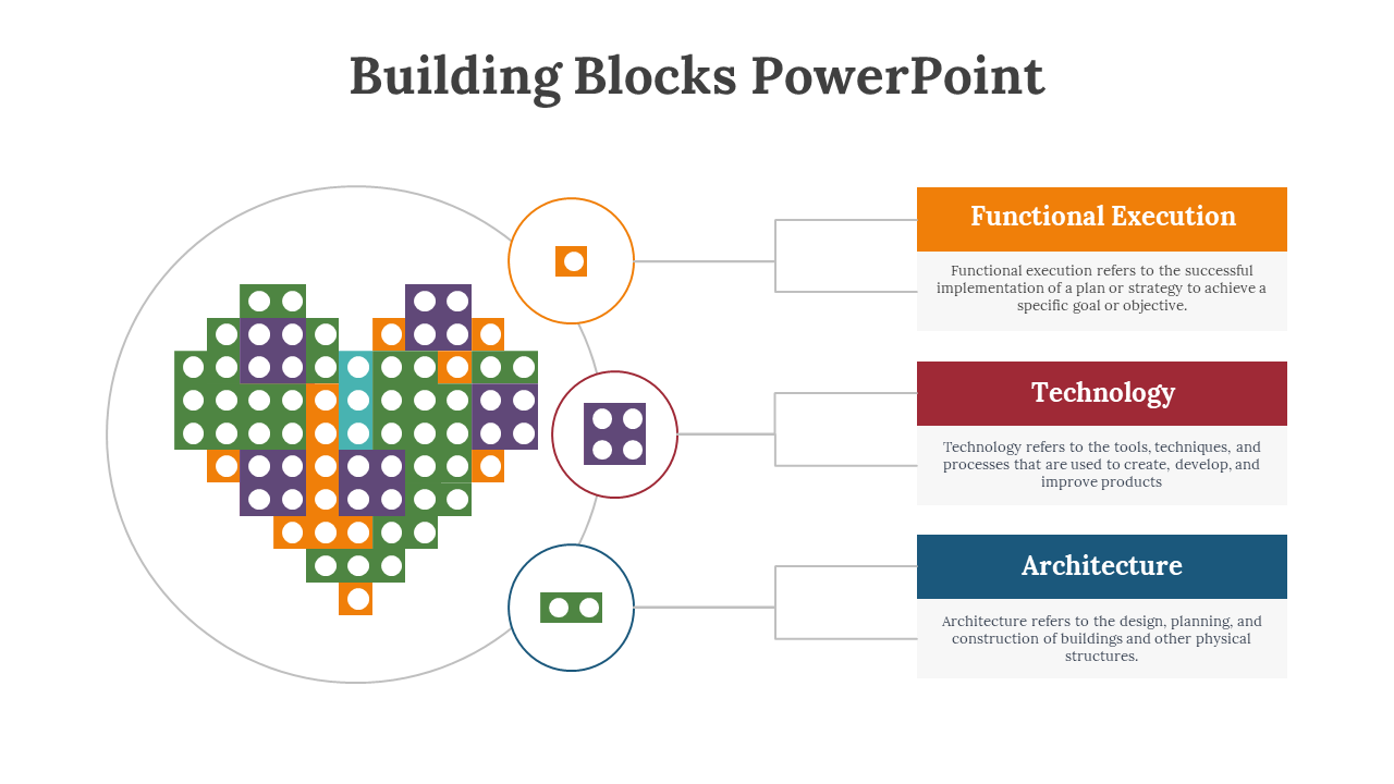 Building blocks PowerPoint slide showing a heart shaped diagram with colored dice on a white backdrop.