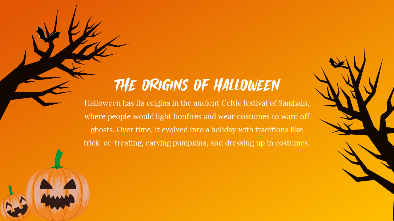 Slide about the origins of Halloween, describing its Celtic roots in Samhain and the evolution of traditions.