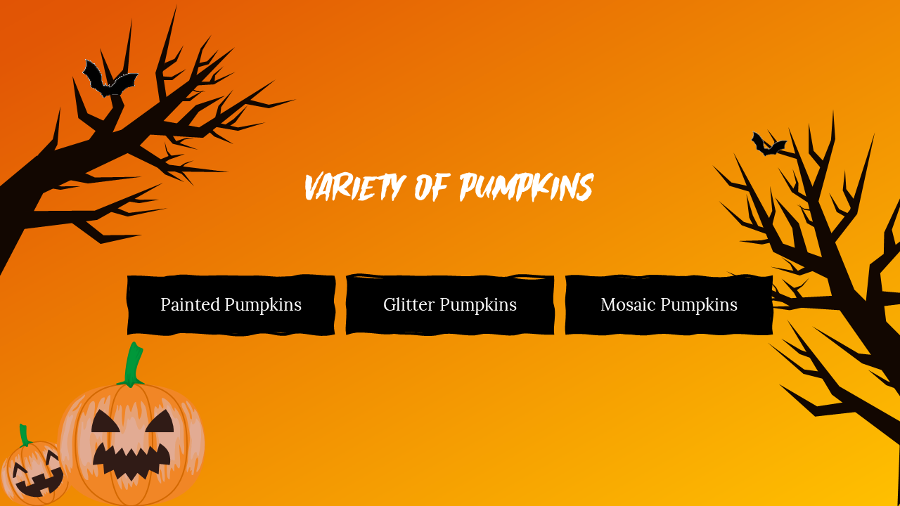 Slide showcasing different types of pumpkins painted, glitter, and mosaic pumpkins.