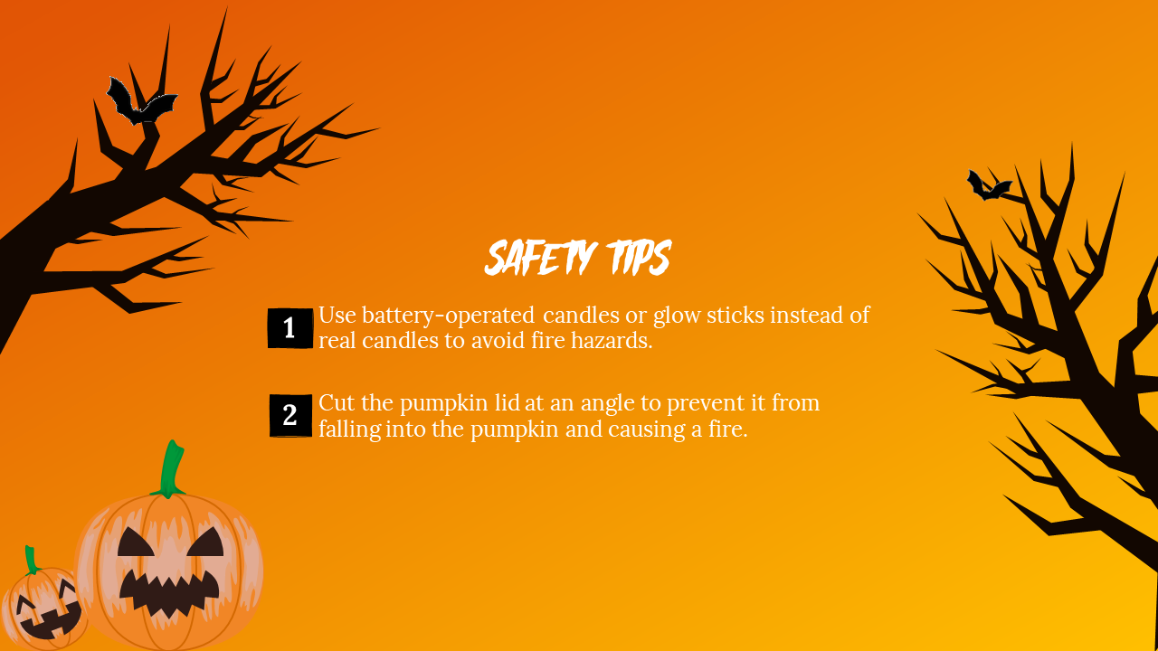 Spooky trees and bats decorate the orange background with text descriptions.