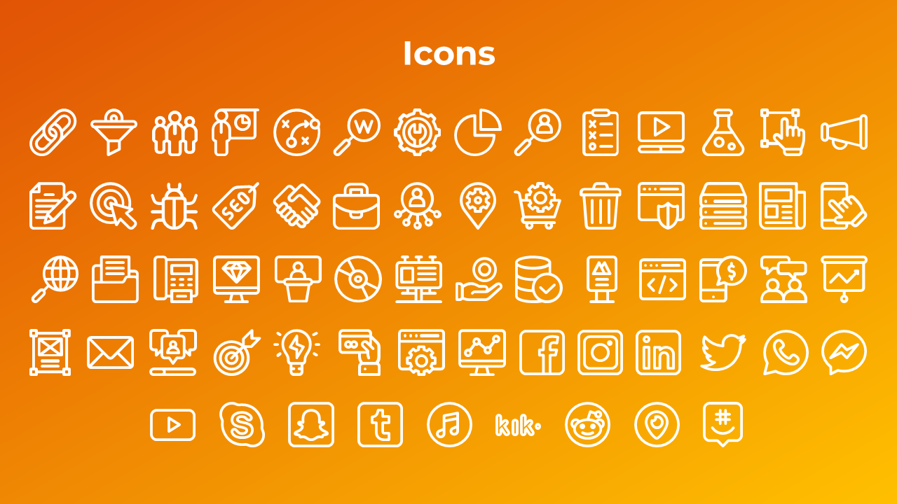 White line icons related to business, marketing, SEO, social media, and technology are arranged in rows on orange background.