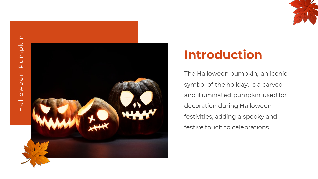 Halloween Pumpkin introduction slide with three carved, illuminated jack o lanterns on a dark background. 