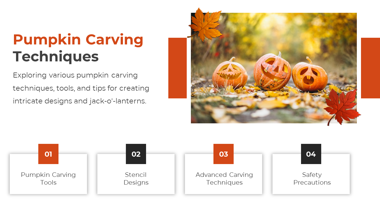 Pumpkin Carving techniques slide with four sections and three carved pumpkins in a fall setting on a white backdrop.