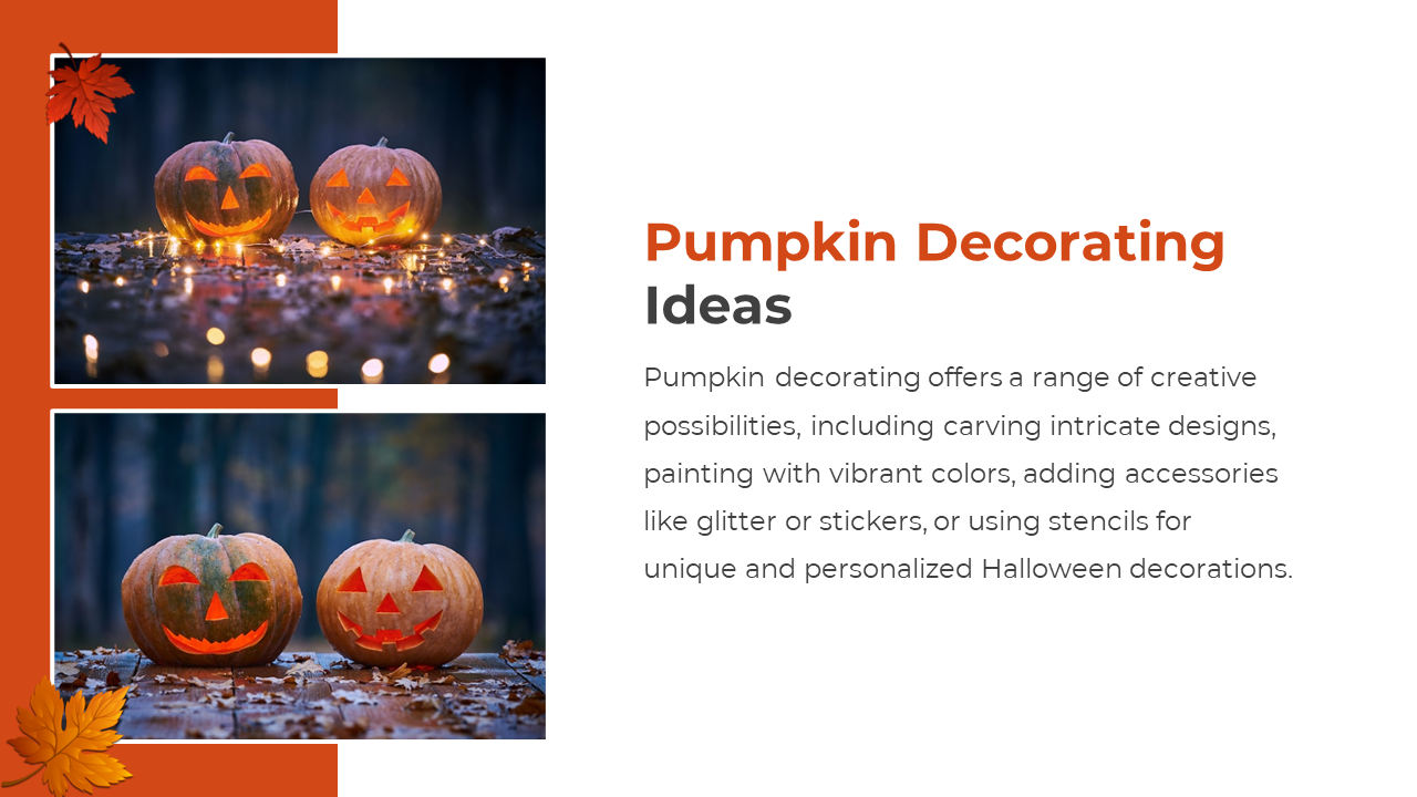 Pumpkin Decorating Ideas slide with text about creative decoration options and two lit jack o lanterns with fairy lights.