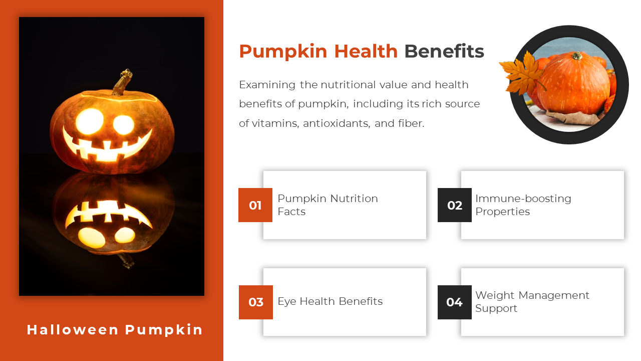 Pumpkin Health Benefits slide detailing nutrition, immunity, eye health, and weight management with a lit jack o lantern.
