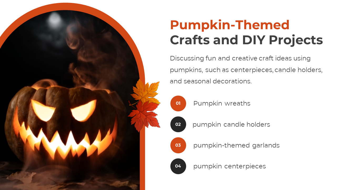 Pumpkin themed Crafts and DIY Projects slide with ideas like wreaths, candle holders, garlands, and centerpieces.