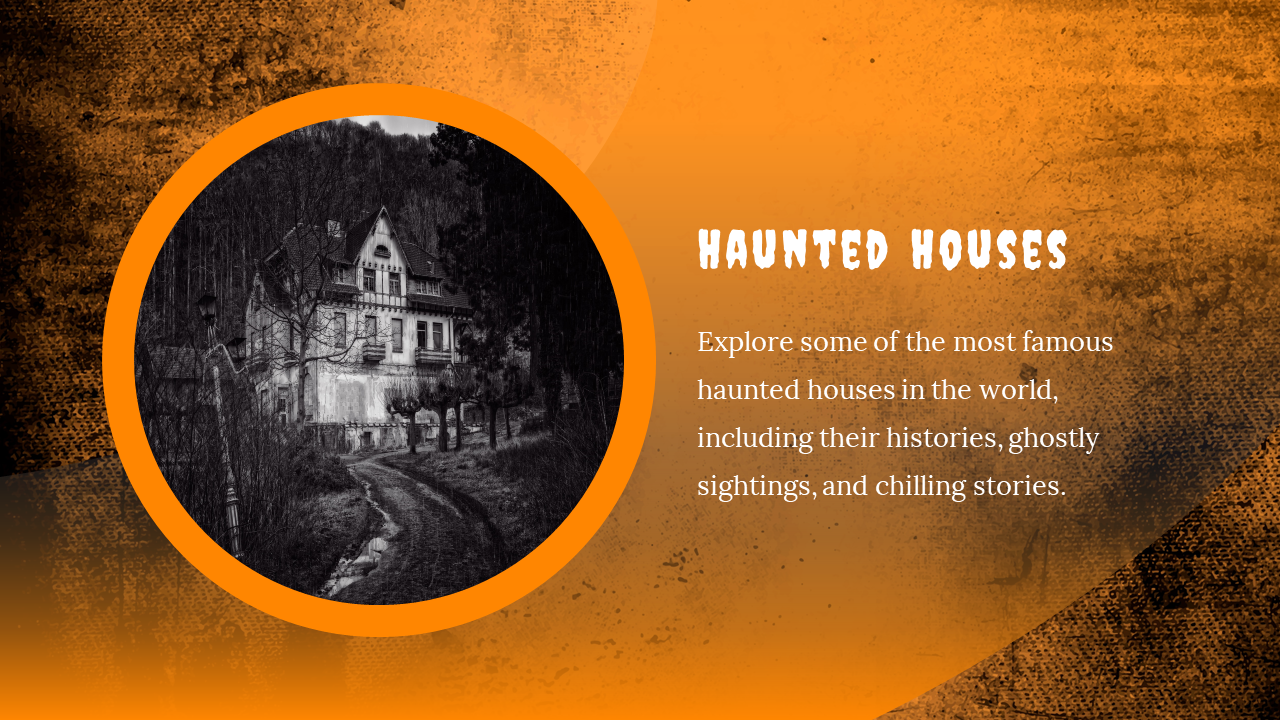 Haunted houses slide with a spooky, and circle of famous haunted houses and their stories on an orange grunge background.