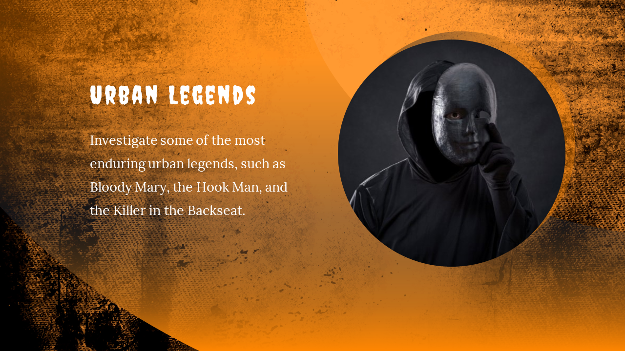 Urban legends such as Bloody Mary the Hook Man and the Killer in the Backseat are explored in this eerie presentation slide.